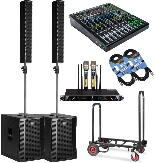 Main image of (2) RCF EVOX 12 Column Speaker Array System (Black) - Mackie PROFX12V3 - PSG Audio UGX21II - Pyle Compact Dolly - (2) XLR Cables Bundle