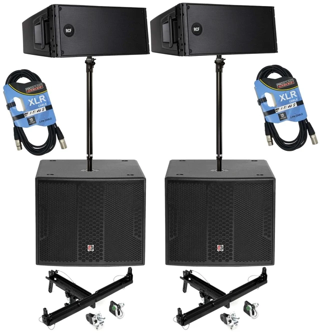 Main image of (2) RCF HDL 20-A 1400W Dual 8 Active Line Array - (2) RCF FL-B LGT - (2) PSG Audio Chaos 18 - (2) Speaker Poles - (4) XLR Cables Bundle