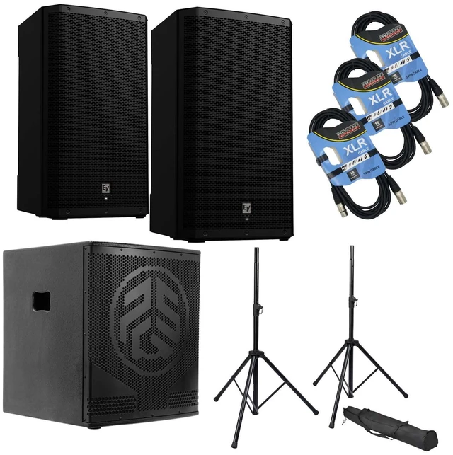 Main image of (2) Electro Voice ZLX-15P-G2 - PSG AUDIO GOLIATH 18 Powered Sub 3000W - (2) Speaker Stands - (3) XLR Cables Bundle