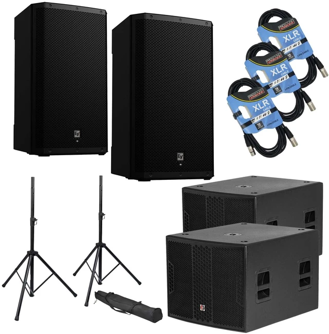 Main image of (2) Electro Voice ZLX-15P-G2 - PSG AUDIO Chaos 18 Active Sub 4000W -(2) Speaker Stands - (3) XLR Cables Bundle