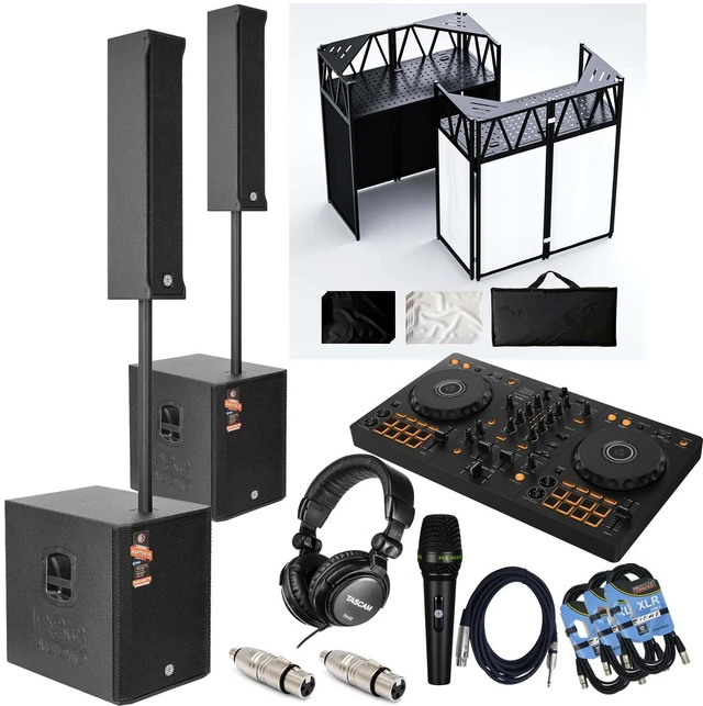 Main image of (2) PSG AUDIO Raptor 15 3400W Portable Column - Pioneer DJ DDJ-FLX4 - RDCMKL DJ Table - Tascam TH02 - PSG Audio C350 - (2) RCA to XLR Adapters - (3) XLR Cables Bundle