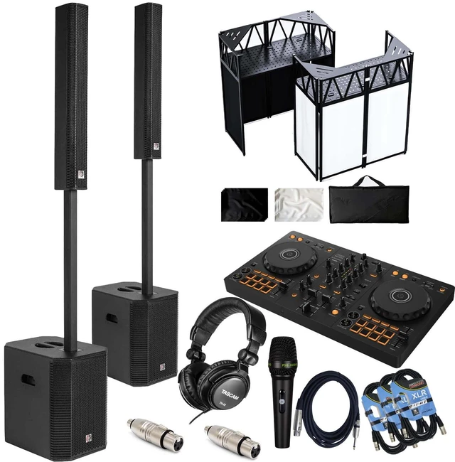 Main image of (2) PSG AUDIO Raptor 12 3200W Portable Column - Pioneer DJ DDJ-FLX4 - RDCMKL DJ Table - Tascam TH02 - PSG Audio C350 - (2) RCA to XLR Adapter - (3) XLR Cables Bundle
