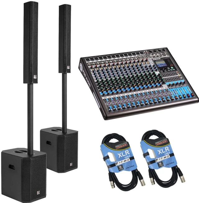Main image of (2) PSG AUDIO Raptor 3200W 12 Portable Line Array Column PA - PSG Audio EMX16 Mixer - (2) XLR Cables Bundle