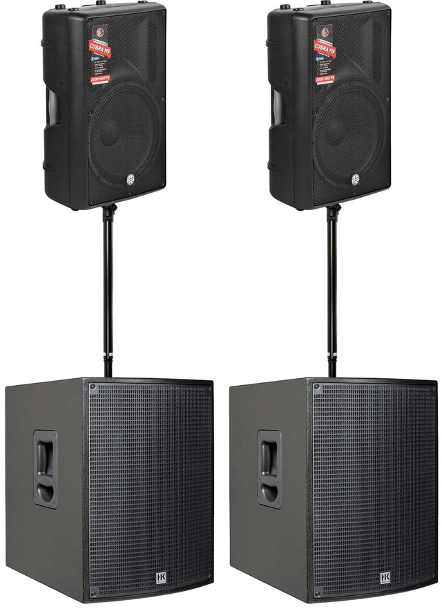Main image of (2) PSG Audio Cobra 115 - 2000W 15" Powered Speaker - (2) HK Audio SONAR 115 Sub D 1500W - (2) Speaker Poles - (4) XLR Cables Bundle