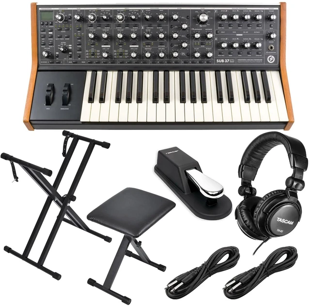 Main image of Moog Subsequent 37 Paraphonic Analog Synthesizer - Keyboard Stand and Bench - Sustain Pedal - (2) 1/4 Cables - Tascam TH02 Bundle
