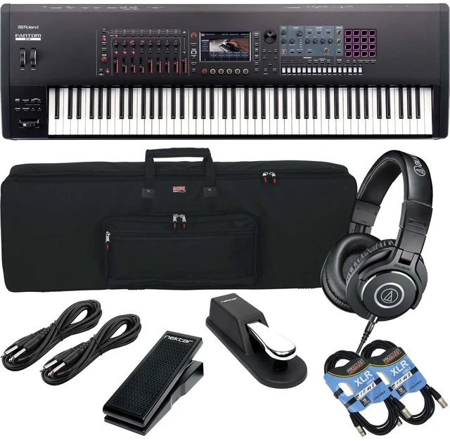 Main image of Roland Fantom 8 EX Synthesizer Workstation, Gator GKB-88, Sustain Pedal, Nektar NX-P, (2) XLR Cables, (2) 1/4 Cables, ATH-M40X Bundle