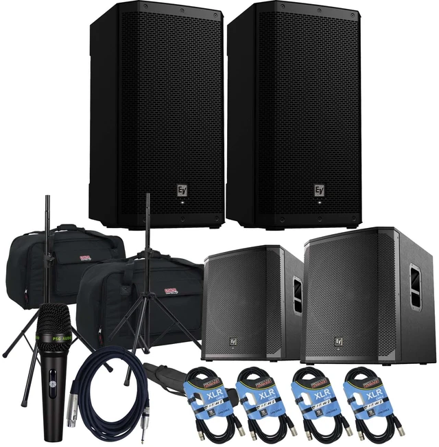 Main image of (2) Electro-Voice ZLX-12P-G2 12 1000W Powered Speaker, (2) Gator Tote-12 Bag, (2) EV ELX200-18SP, PSG AUDIO C350, (2) Speaker Stands, (4) XLR Cables Bundle