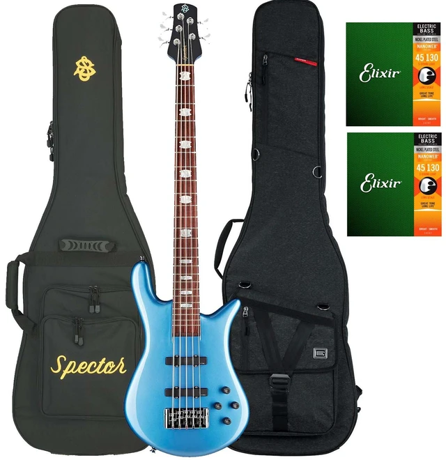 Main image of Spector Euro 5 Classic Bass Guitar, Metallic Blue Gloss, Gator Transit Bass, (2) Elixir Strings 14202 Bundle