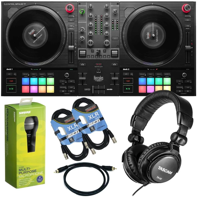Main image of Hercules DJ DJControl Inpulse T7 2-deck Motorized DJ Controller, Tascam TH02, (2) XLR Cables, Shure SV100, RCA Cables Bundle