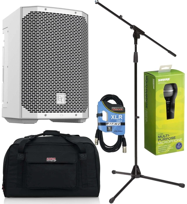 Main image of Electro-Voice Everse 8 Battery Speaker (White), Mic Stand, Shure SV100, XLR Cable, Gator TOTE12 Bundle