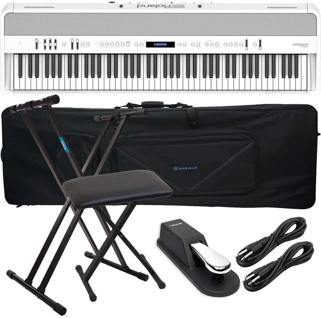 Main image of Roland FP-90X Digital Piano (White), Stand, Bench, Rockville 88 Rolling Bag, (2) 1/4 Cables, Sustain Pedal Bundle