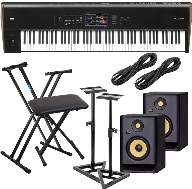 Main image of Korg Nautilus 88 Synthesizer Workstation, (2) KRK RP5G4 Monitors, Monitor Stands, Keyboard Stand and Bench, (2) 1/4 Cables Bundle