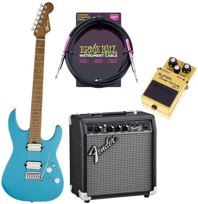 Main image of Charvel Pro-Mod DK24 HH 2PT Electric Guitar Matte Blue Frost, Fender Frontman 10G, ErnieBall Cable, BOSS Pedal (SD-1) Bundle