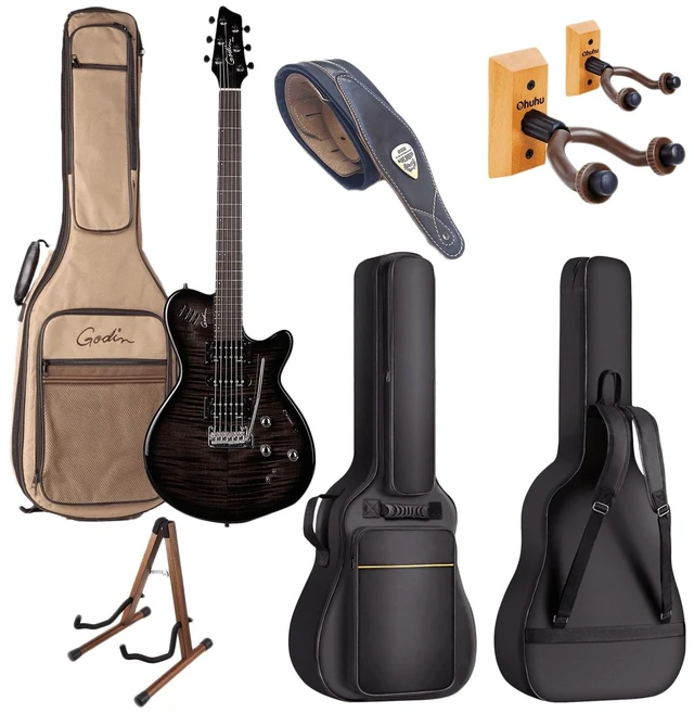 Main image of Godin 025503 xtSA Trans Black Flame 6 string Electric Guitar - CAHAYA Guitar Bag - Donner Wooden Stand - Wall Mount 2-Pack - Legato Guitar Strap