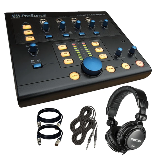 Alt view image 7 of 7 - PreSonus Monitor Station V2 Desktop Studio Control Center + Tascam TH-02 Studio Headphones (Black) and Cables.
