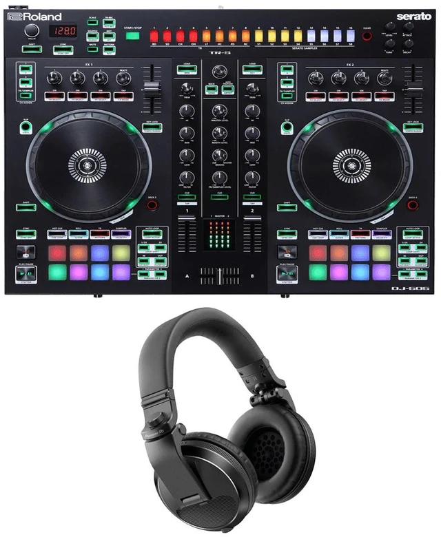 Main image of Roland DJ-505 Serato DJ Controller with Pioneer DJ HDJ-X5 Over-Ear DJ Headphones (Black)
