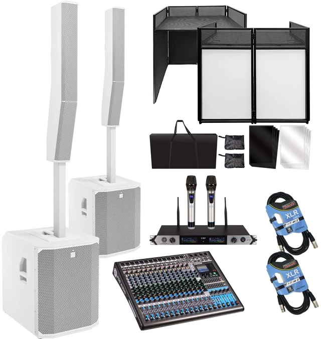 Main image of (2) Electro-Voice Evolve 90 2000W Column PA Speaker (White) - PSG Audio EMX16 - Facade Booth - (2) PSG Audio MP0919 - (2) XLR Cables Bundle