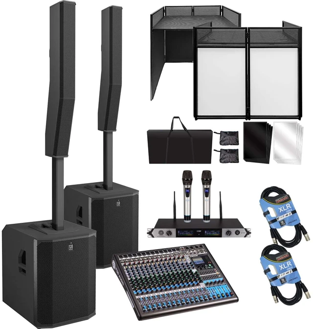 Main image of (2) Electro-Voice Evolve 90 2000W Column PA Speaker (Black) - PSG Audio EMX16 - Facade Booth - (2) PSG Audio MP0919 - (2) XLR Cables Bundle