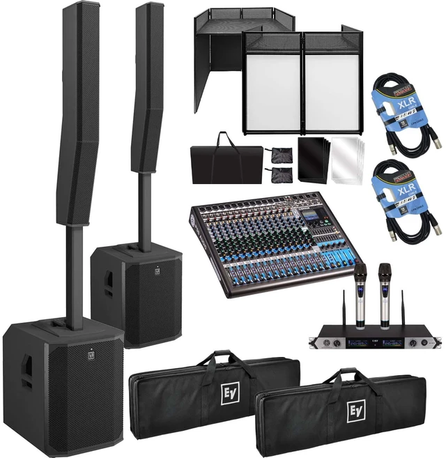 Main image of (2) Electro-Voice Evolve 70 2000W Column PA Speaker (Black) - PSG Audio EMX16 - Facade Booth - PSG Audio MP0919 - (2) XLR Cables Bundle
