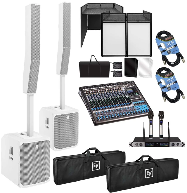Main image of (2) Electro-Voice Evolve 70 2000W Column PA Speaker (White) - PSG Audio EMX16 - Facade Booth - PSG Audio MP0919 - (2) XLR Cables Bundle