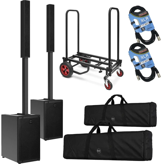 Main image of (2) RCF EVOX J9 Active 3-way 2100W Column Array (Black) - Pyle Compact Dolly - (2) XLR Cables Bundle