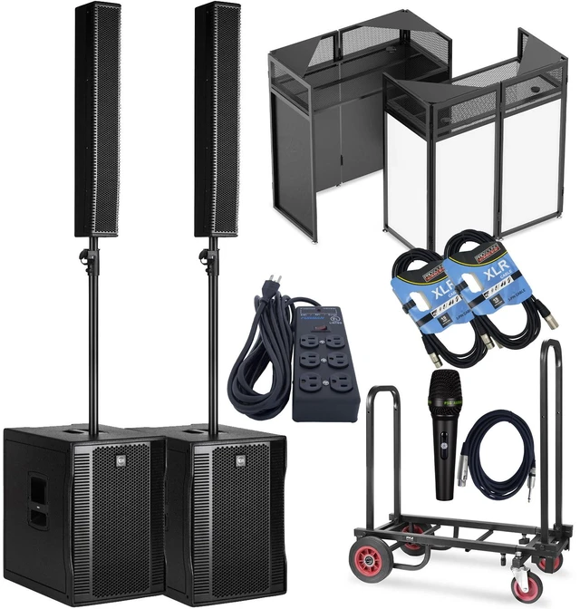 Main image of (2) RCF EVOX 12 Column Speaker Array System (Black) - Foldable DJ Booth - Pyle Compact Dolly - Furman SS6B - (2) PSG Audio C350 Mic - (2) XLR Cables Bundle