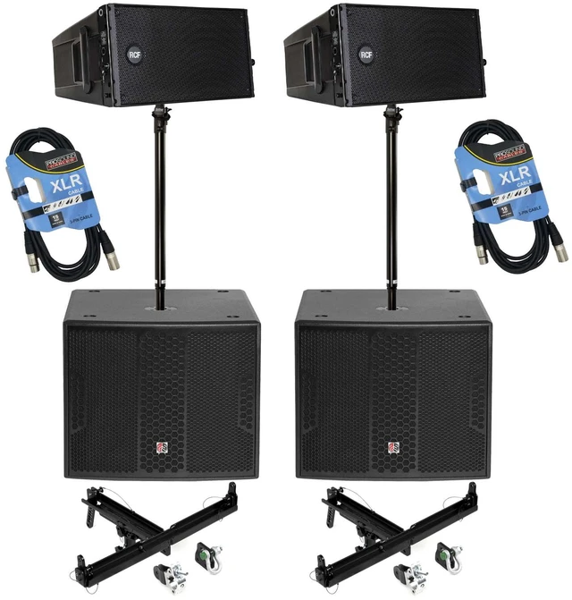 Main image of (2) RCF HDL 10-A 1400W Dual 8 Active Line Array - (2) RCF FL-B LGT - (2) PSG Audio Chaos 18 - (2) Speaker Poles - (4) XLR Cables Bundle