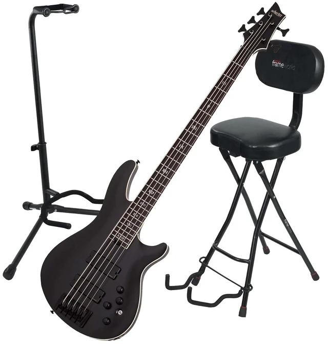 Main image of Schecter SLS Evil Twin-5 Bass Guitar Satin Black - Gator GFW-GTR-SEAT and Stand Combo Bundle