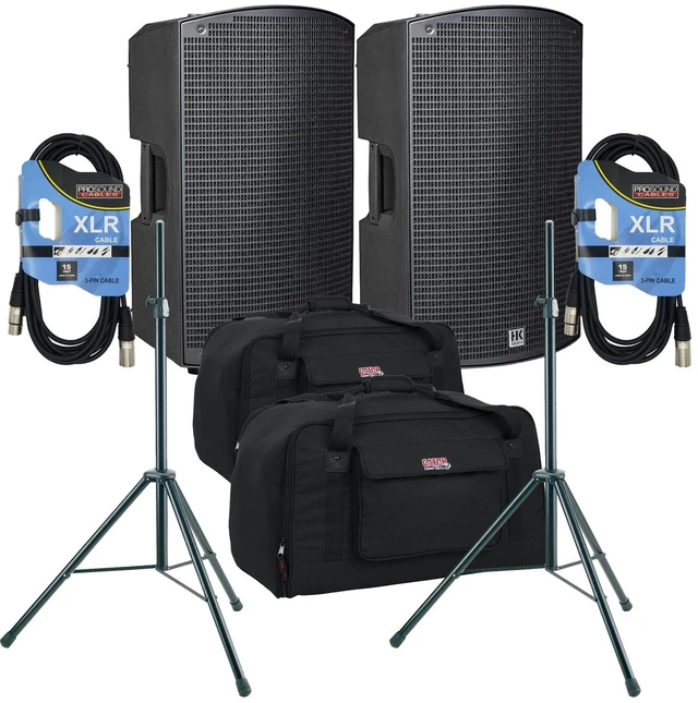 Main image of (2) HK Audio Sonar 112 Xi 1200W 12 Powered Speaker - (2) Speaker Stands - (2) XLR Cable - (2) Gator Tote-12 Bundle