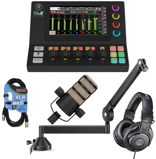 Main image of Mackie DLZ Creator XS Compact Digital Mixer, Rode PodMic, Boom Arm, XLR Cable, AT ATH-M30X Bundle