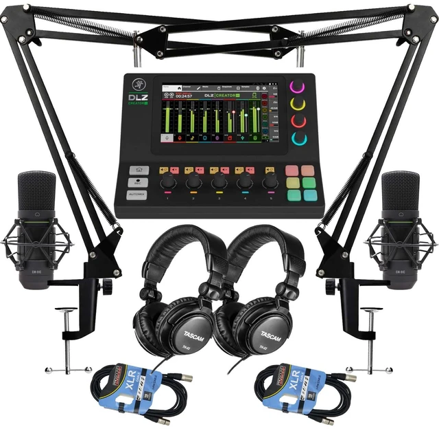 Main image of Mackie DLZ Creator XS Compact Digital Mixer - (2) Mackie EM-91C - (2) Tascam TH02 - (2) XLR Cables - (2) Boom Mic Arms Bundle