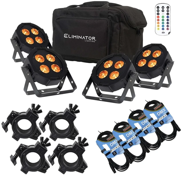 Main image of Eliminator Mega Flat Hex L Pak4 RGBLA+UV LED PAR Light Kit, (4) Clamps, (4) DMX Cables Bundle