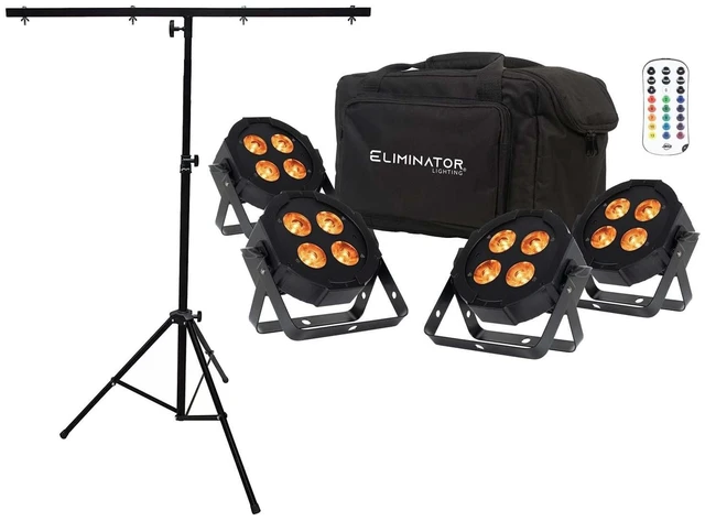 Main image of Eliminator Mega Flat Hex L Pak4 RGBLA+UV LED PAR Light Kit, T-Bar DJ Light Stand Bundle