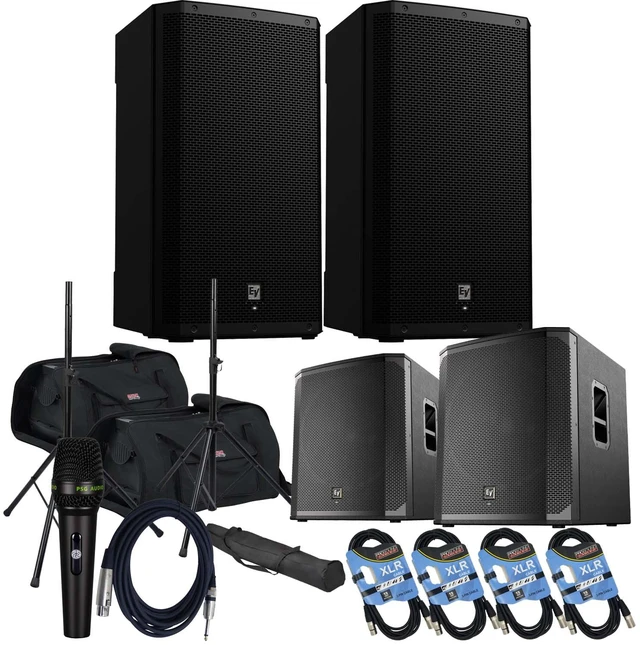 Main image of (2) Electro-Voice ZLX-15P-G2 15 1000W Powered Speaker, (2) Gator Tote-15 Bags, (2) EV ELX200-18SP, PSG AUDIO C350, (2) Speaker Stands, (4) XLR Cables Bundle