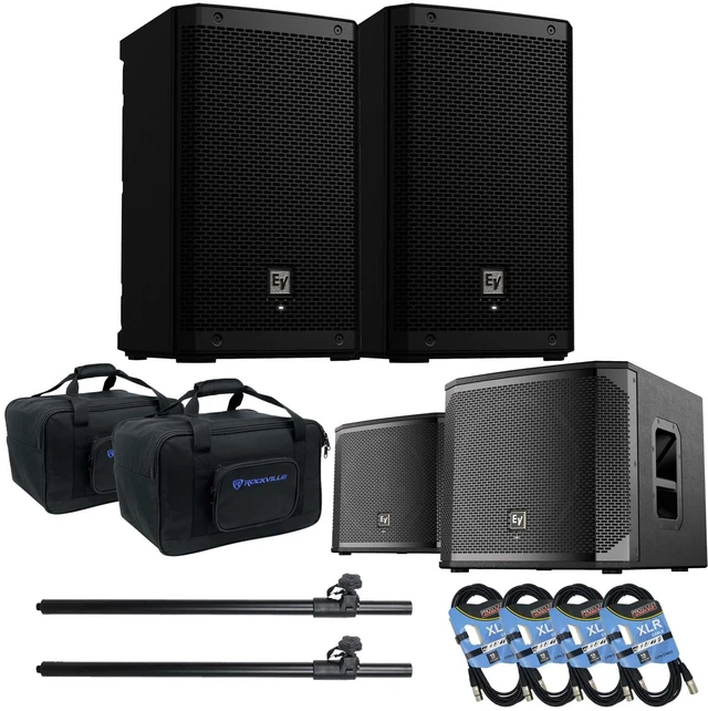 Main image of (2) Electro-Voice ZLX-8P-G2 8 1000W Powered Speaker, (2) EV ELX200-12SP, (2) Rockville TB8 Bags, (2) Speaker Poles, (4) XLR Cables Bundle