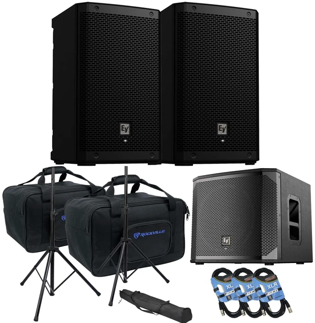 Main image of (2) Electro-Voice ZLX-8P-G2 8 1000W Powered Speaker, (2) Rockville TB8 Bags, EV ELX200-12SP, (2) Speaker Stands, (3) XLR Cables Bundle