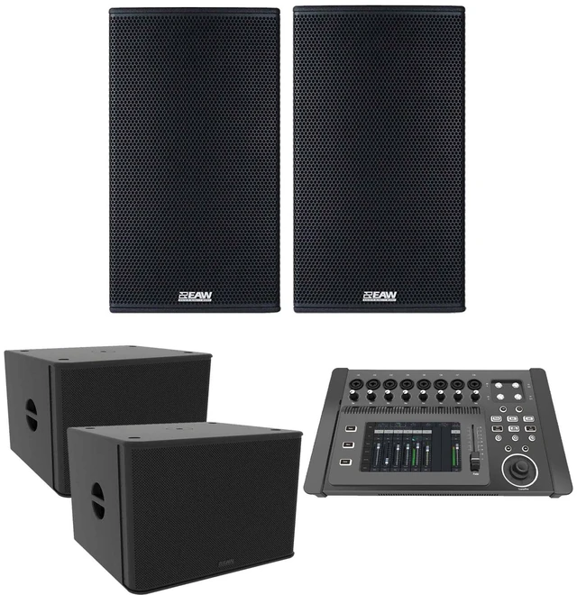 Main image of (2) EAW RS121 1500W 12 Powered Loudspeaker, (2) EAW RS118 Sub, PSG AUDIO DM-1608 Mixer Bundle