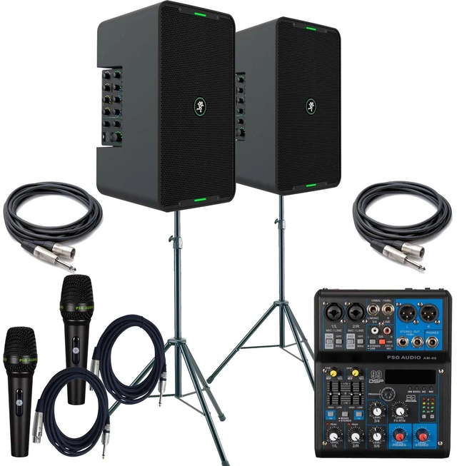 Main image of (2) Mackie ShowBox All-in-one Battery Speaker, PSG AUDIO AM-06, (2) PSG AUDIO C350, (2) Speaker Stands, (2) XLR to 1/4 Bundle
