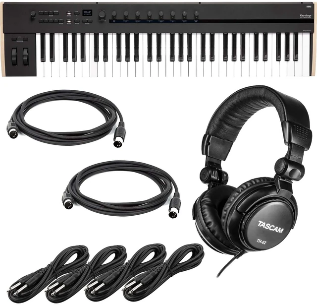Main image of Korg Keystage 61-key MIDI Keyboard Controller, Tascam TH-02, (2) Midi Cables, (4) 1/4 Cables Bundle