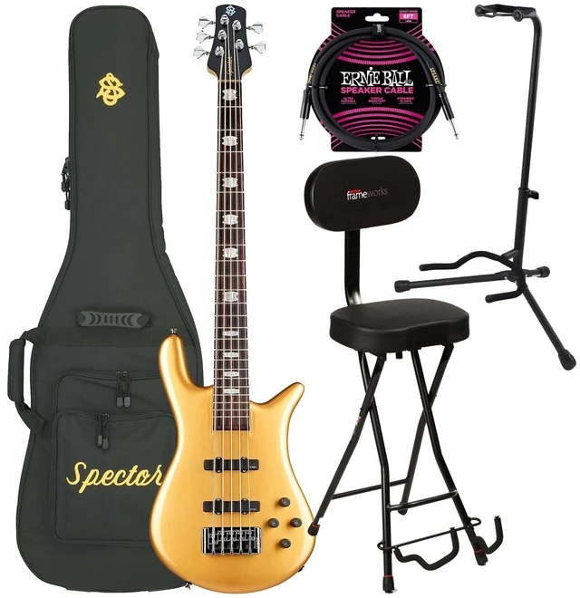Main image of Spector Euro 5 Classic Bass Guitar, Metallic Gold Gloss, Gator GFW-GTR-SEAT and Stand, ErnieBall 1/4 Cable Bundle