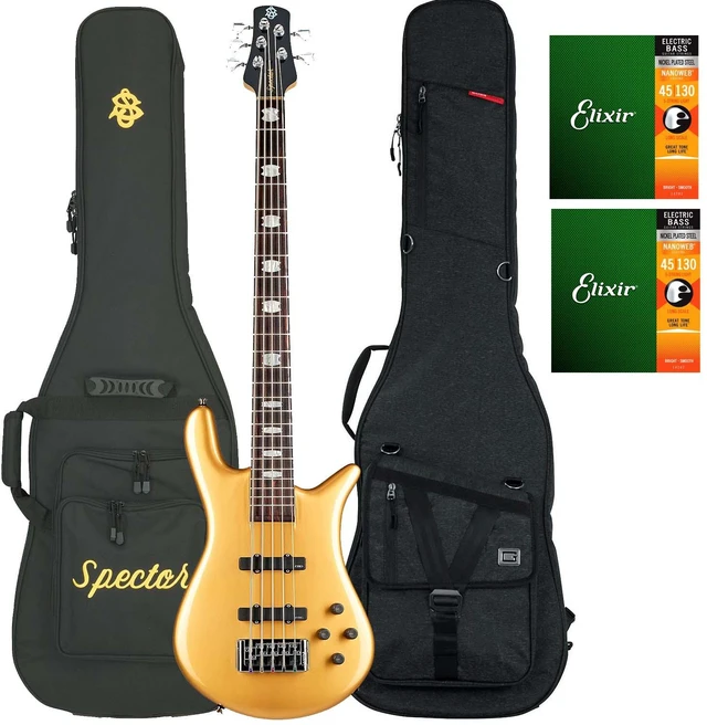 Main image of Spector Euro 5 Classic Bass Guitar, Metallic Gold Gloss, Gator Transit Bass, (2) Elixir Strings 14202 Bundle