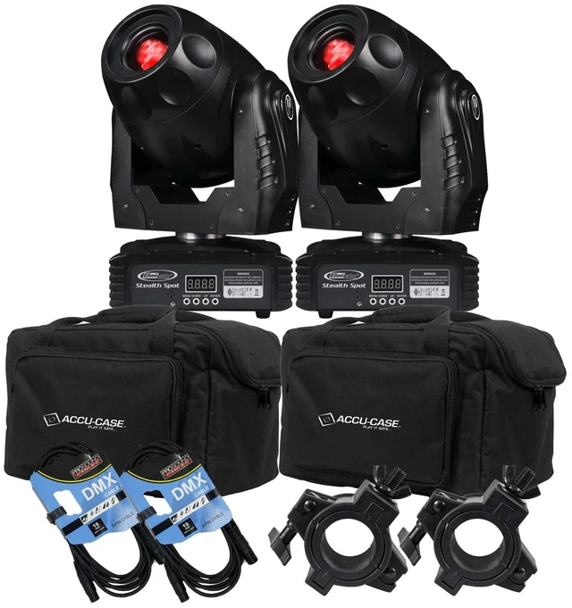 Main image of (2) Eliminator Lighting Stealth Spot LED Moving Head, (2) ADJ F4 Par Bags, (2) DMX Cables, (2) O Clamp Bundle