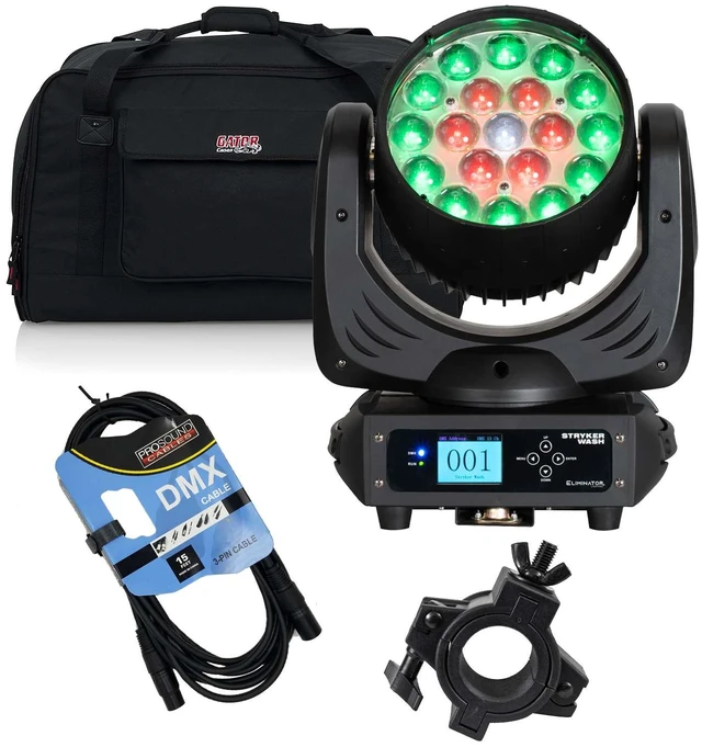 Main image of Eliminator Stryker Wash 228W Moving Head, Gator TOTE12, Clamp, DMX Cable 15FT Bundle