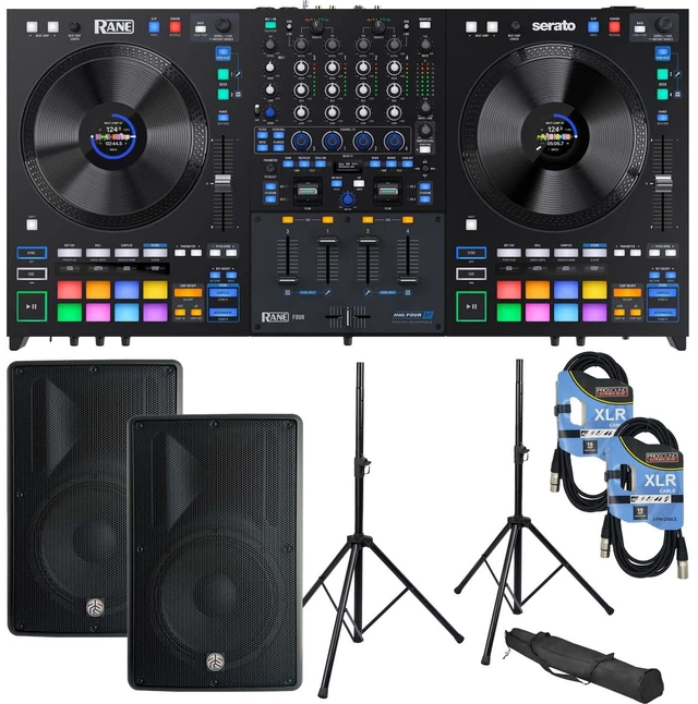 Main image of Rane Four 4-channel DJ Controller, (2) PSG Audio Cobra 112, Speaker Stands, (2) XLR Cables Bundle