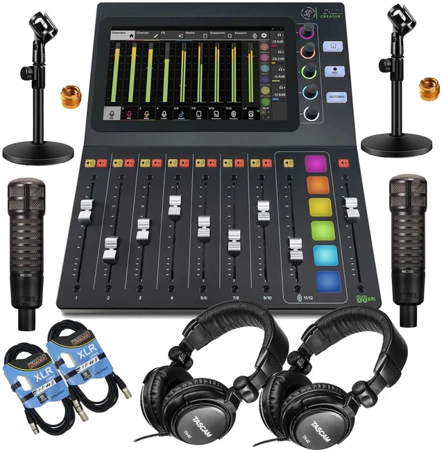 Main image of Mackie DLZ Creator 12-channel Digital Mixer, (2) EV RE320 Mic, (2) XLR Cables, (2) Tascam TH02, (2) Mic Desk Stand Bundle