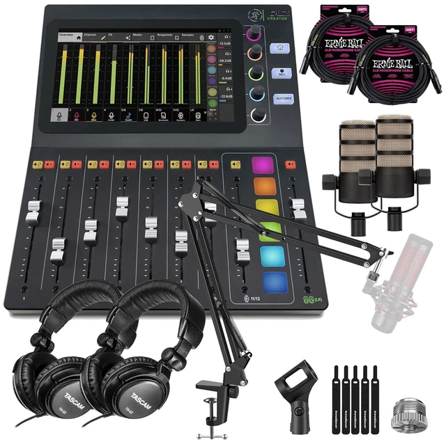 Main image of Mackie DLZ Creator 12-channel Digital Mixer, (2) Rode PodMic, (2) ErnieBall XLR, (2) Tascam TH02, Desk Boom Stand Bundle