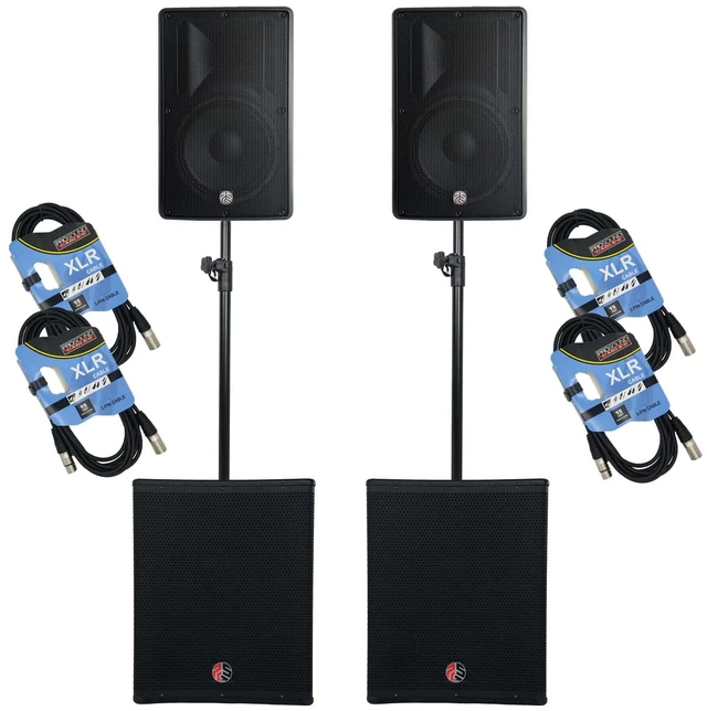 Main image of (2) PSG Audio Cobra 15" 1600 Watt, (2)PSG Audio CHAOS 18 2400 Watts Sub, (2) Poles, (4) XLR Cables Bundle