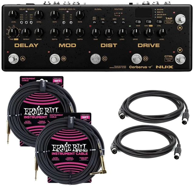 Main image of NUX Cerberus Guitar Multi Effects Pedal, (2) ErnieBall 1/4 Cable, (2) Midi Cables Bundle