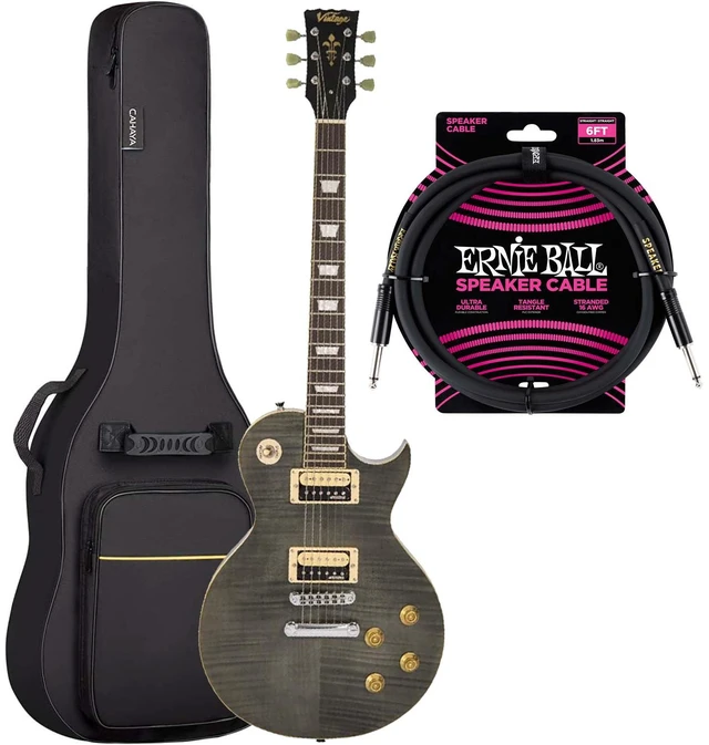 Main image of Vintage V100TBK Electric Guitar, Flamed Black, CAHAYA Guitar Bag, ErnieBall Cable Bundle