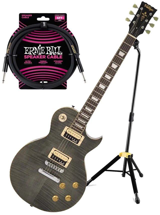 Main image of Vintage V100TBK Electric Guitar, Flamed Black, ErnieBall Cable, Hercules Stand Bundle